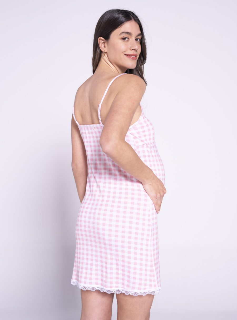 Camisón de tirantes con print vichy y detalles de encaje - Imagen 3