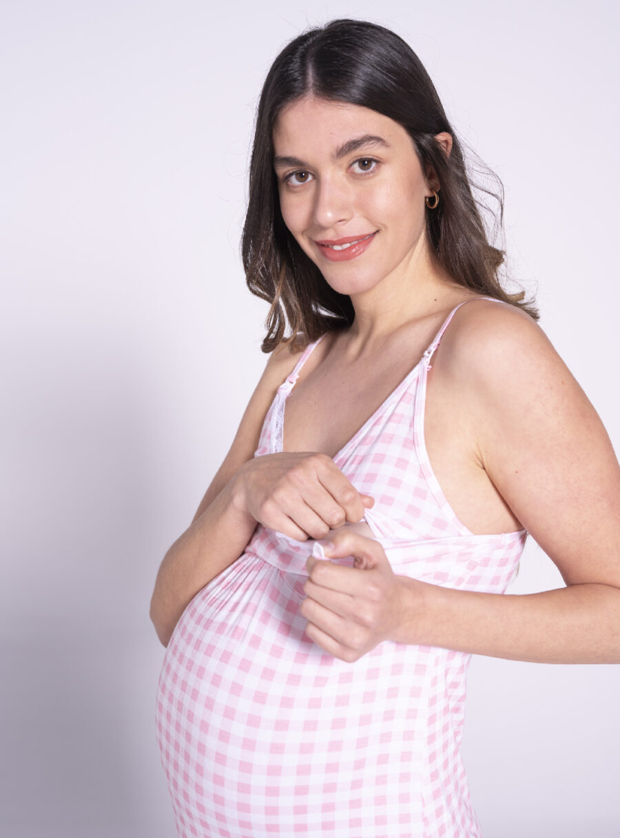 Camisón de tirantes con print vichy y detalles de encaje - Imagen 4