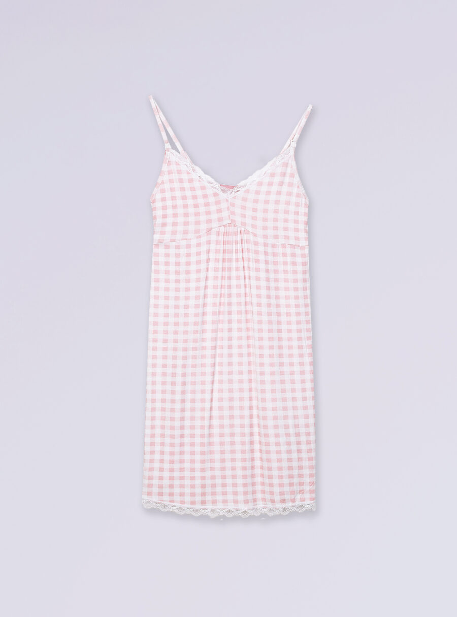 Camisón de tirantes con print vichy y detalles de encaje - Imagen 5
