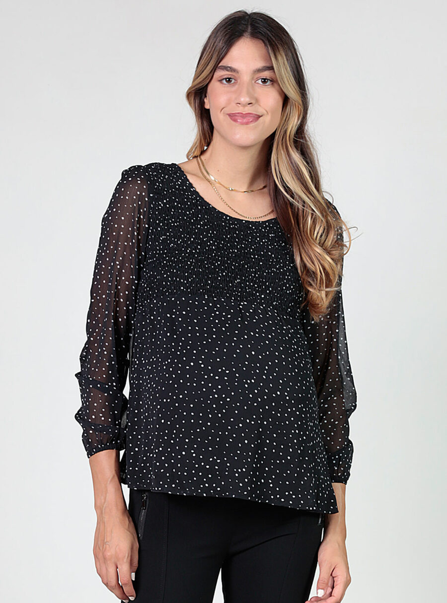 Blusa estampada topos con smock en pecho