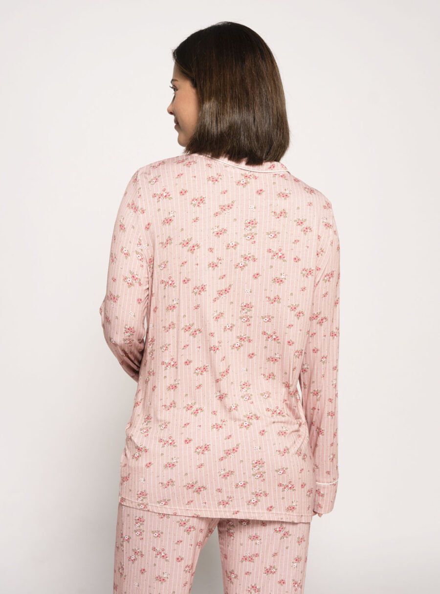 Camiseta pijama camisero manga larga con rayas y flores - Imagen 3