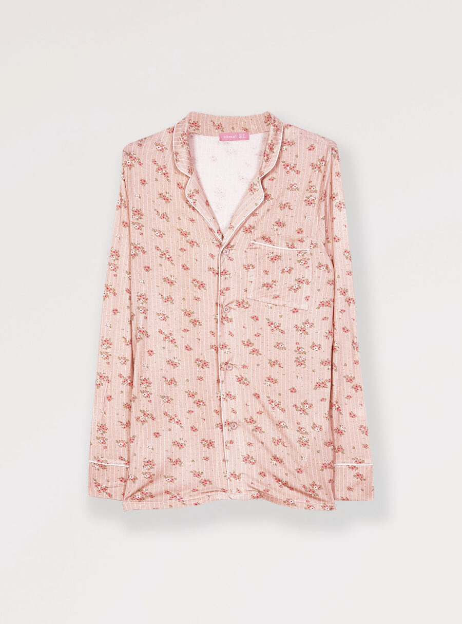 Camiseta pijama camisero manga larga con rayas y flores - Imagen 7