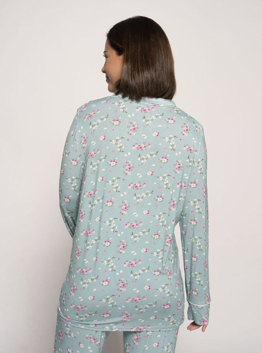 Camiseta pijama camisero manga larga con flores - Imagen 3